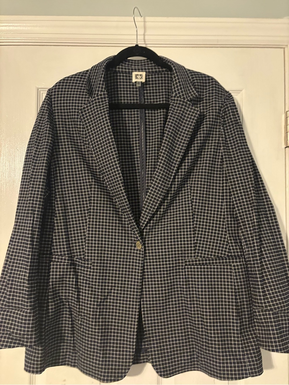 Anne Klein Navy and White Grid Single-Button Blazer